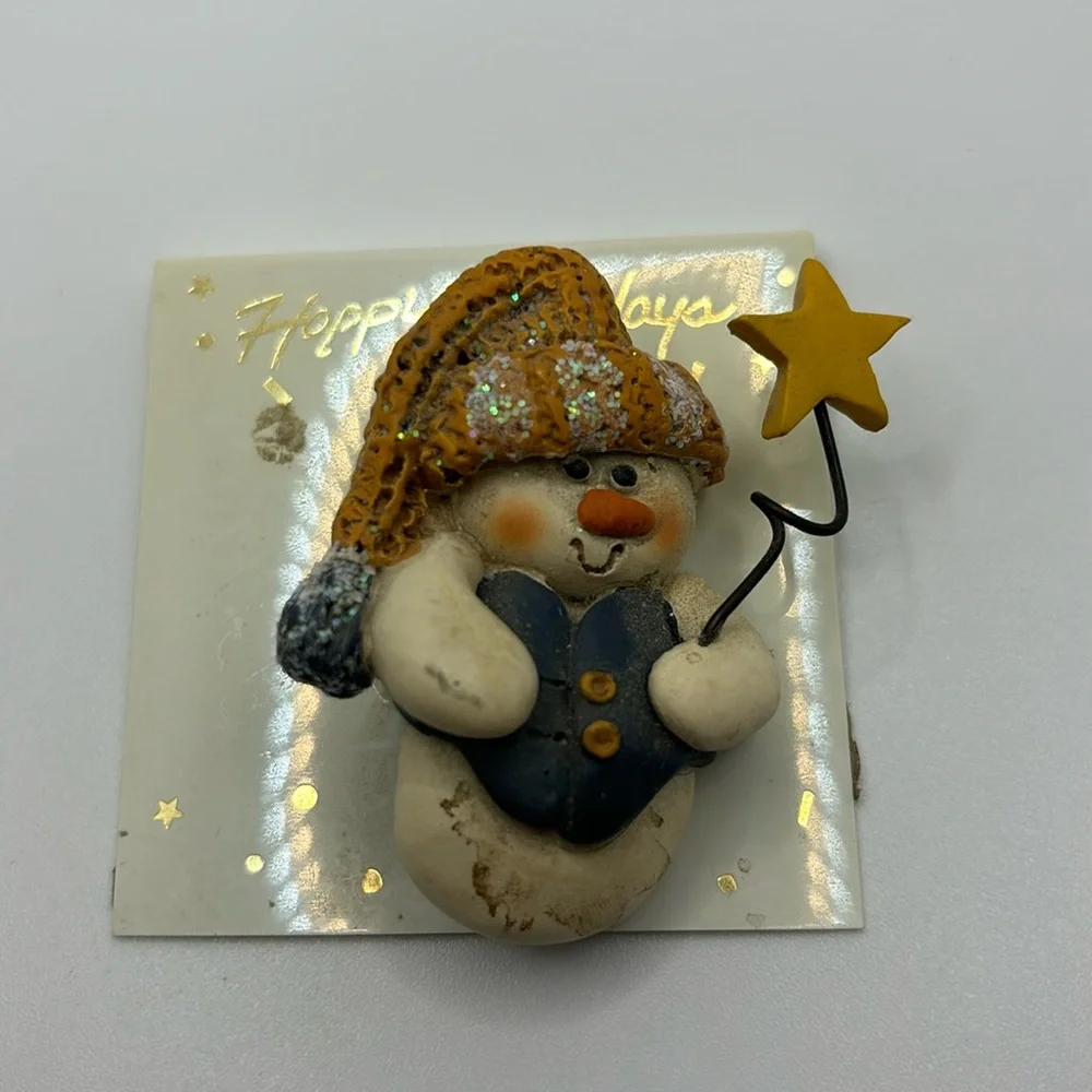Vintage Happy‎ Holidays Snowman Pin Brooch Sparkle Hat Vest